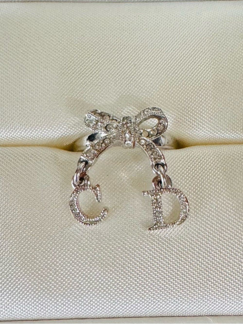 Christain Dior Silver Crystal Bow Ring with CD Dangle with COA